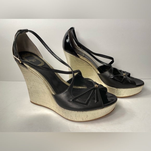 Christian Dior wedge leather pumps open toe black gold 39